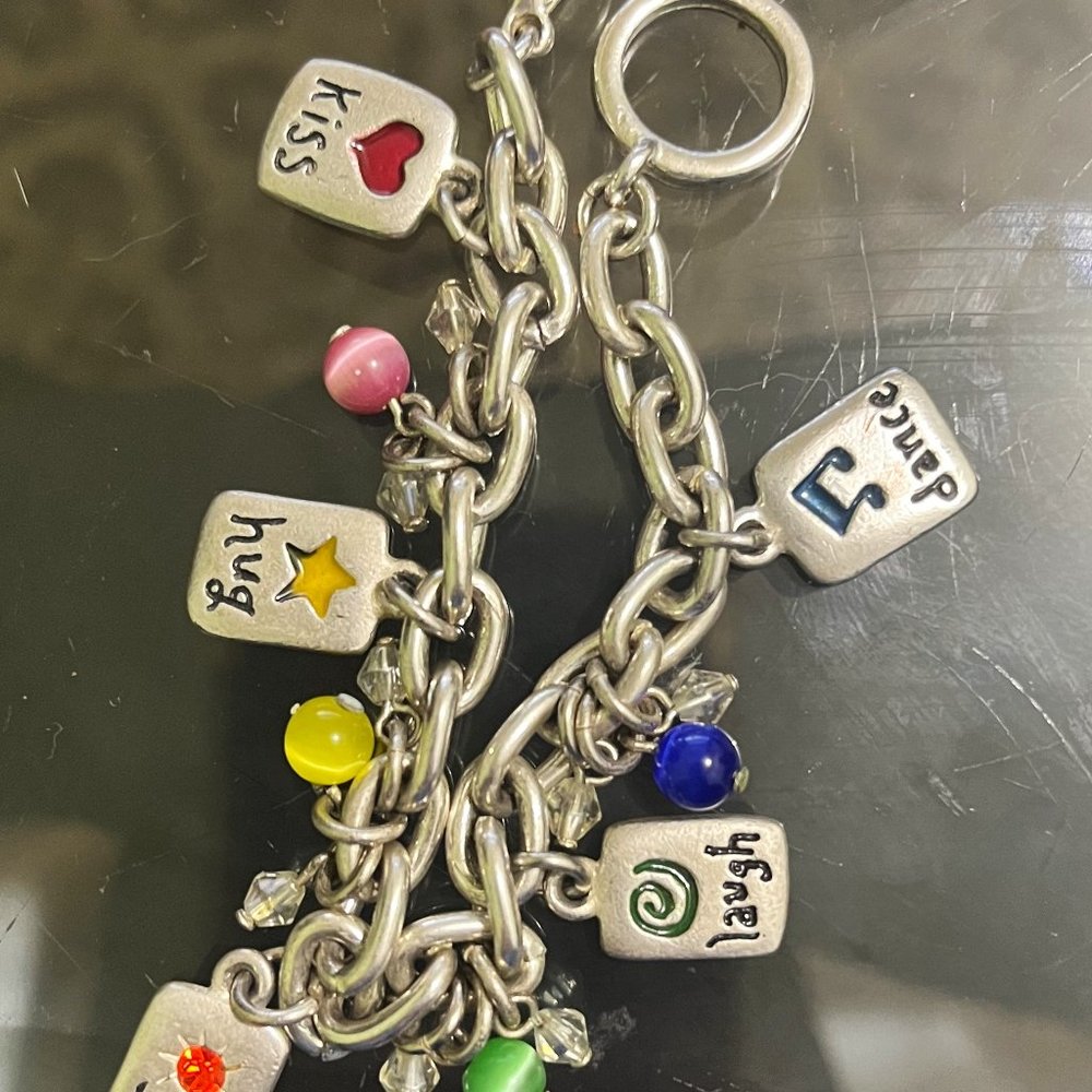 Vintage Girls Charm Bracelet Dance, hug, kiss, laugh, love, rhinestones